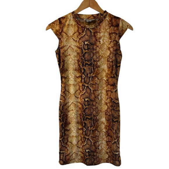 Jasmine Snakeskin Mini Dress Size Medium Stretch Knit Tan Brown Short Sleeves - Picture 1 of 4